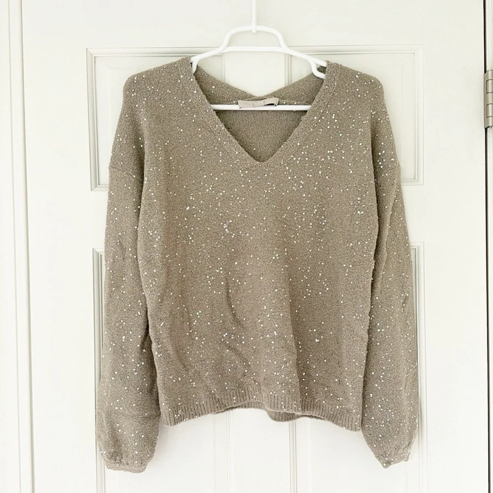 ANN TAYLOR LOFT sweater size XS brown taupe sequins v-neck - Picture 1 of 7